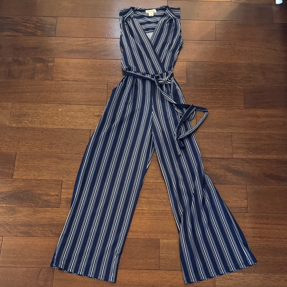 Monteau Navy & White Striped Sleeveless Wrap Jumpsuit with Tie Waist - Picture 2 of 3